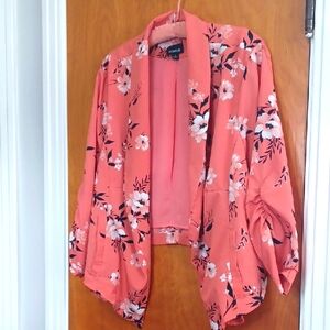 Torrid Short Lined Jacket W/ Ruched Sleeves. Sz.1. Coral W/ Black & White Floral